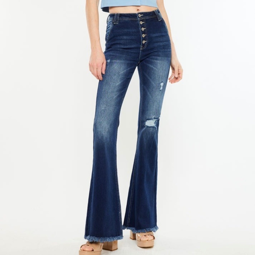 KanCan Sian High Rise Flare Jeans Sz: 9/28 Dark Wash Button Fly Distressed Retro